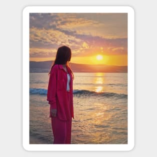 Aesthetic woman meets sunrise on the beach Sticker